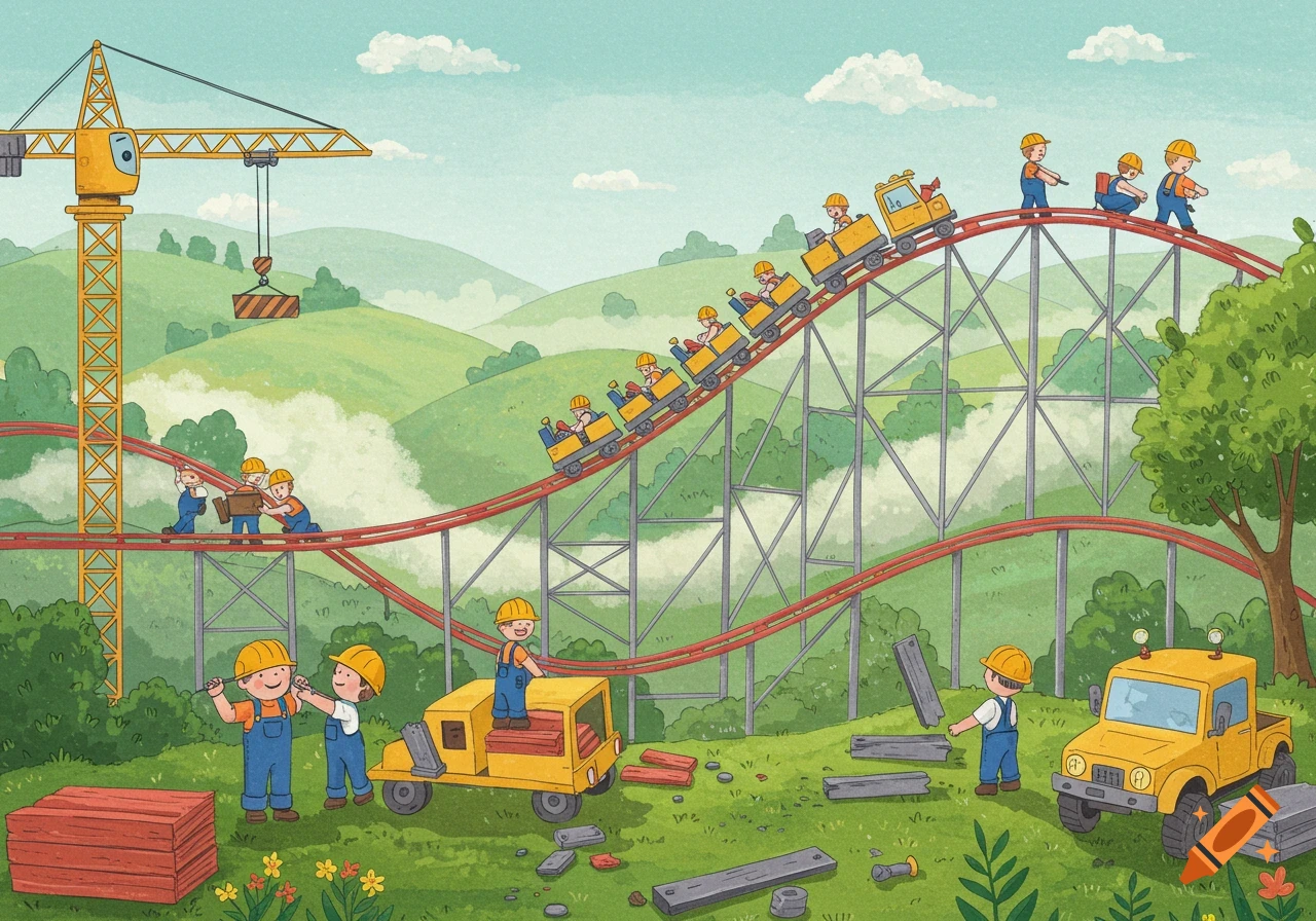 Watercolor illustration of happy cartoon construction workers building a roller coaster on rolling green hills with a crane and trucks.