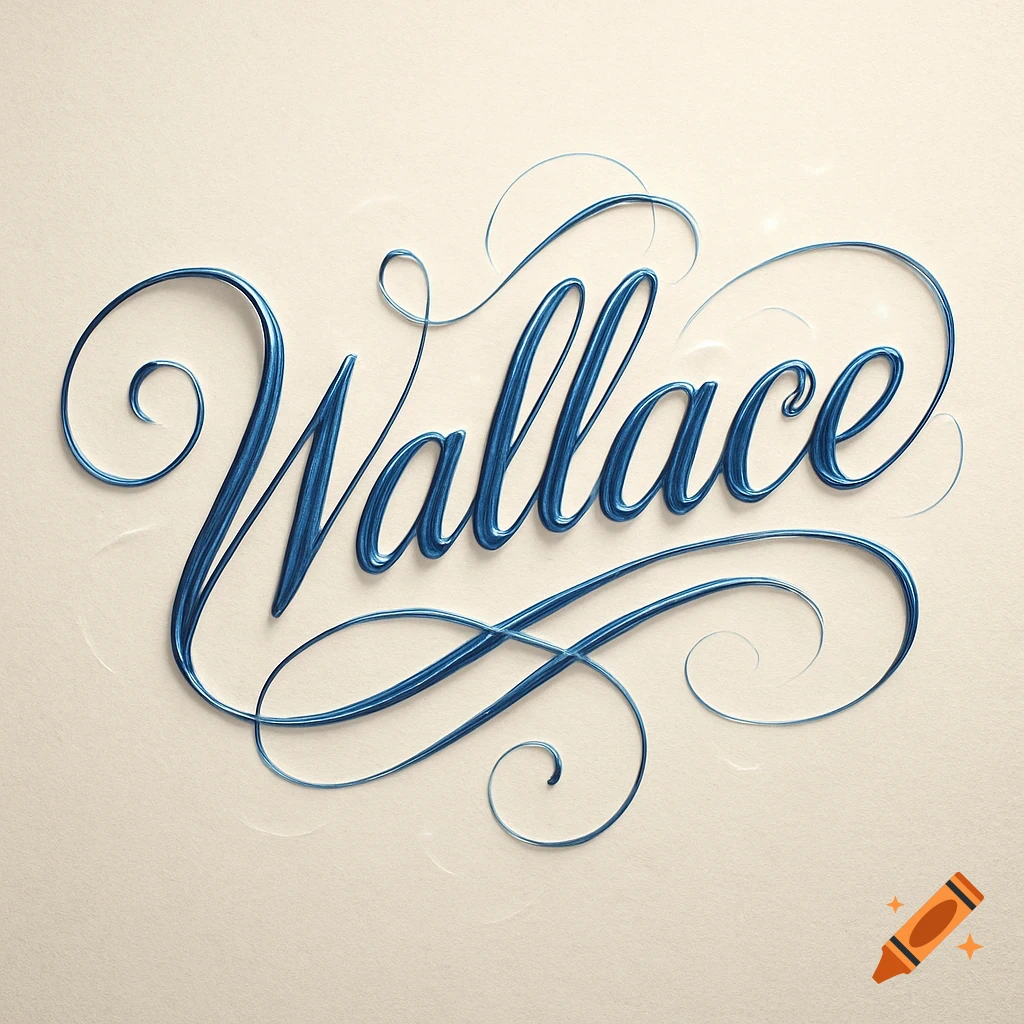 The name 'Wallace' rendered in elegant blue script with intricate flourishes on a cream background.