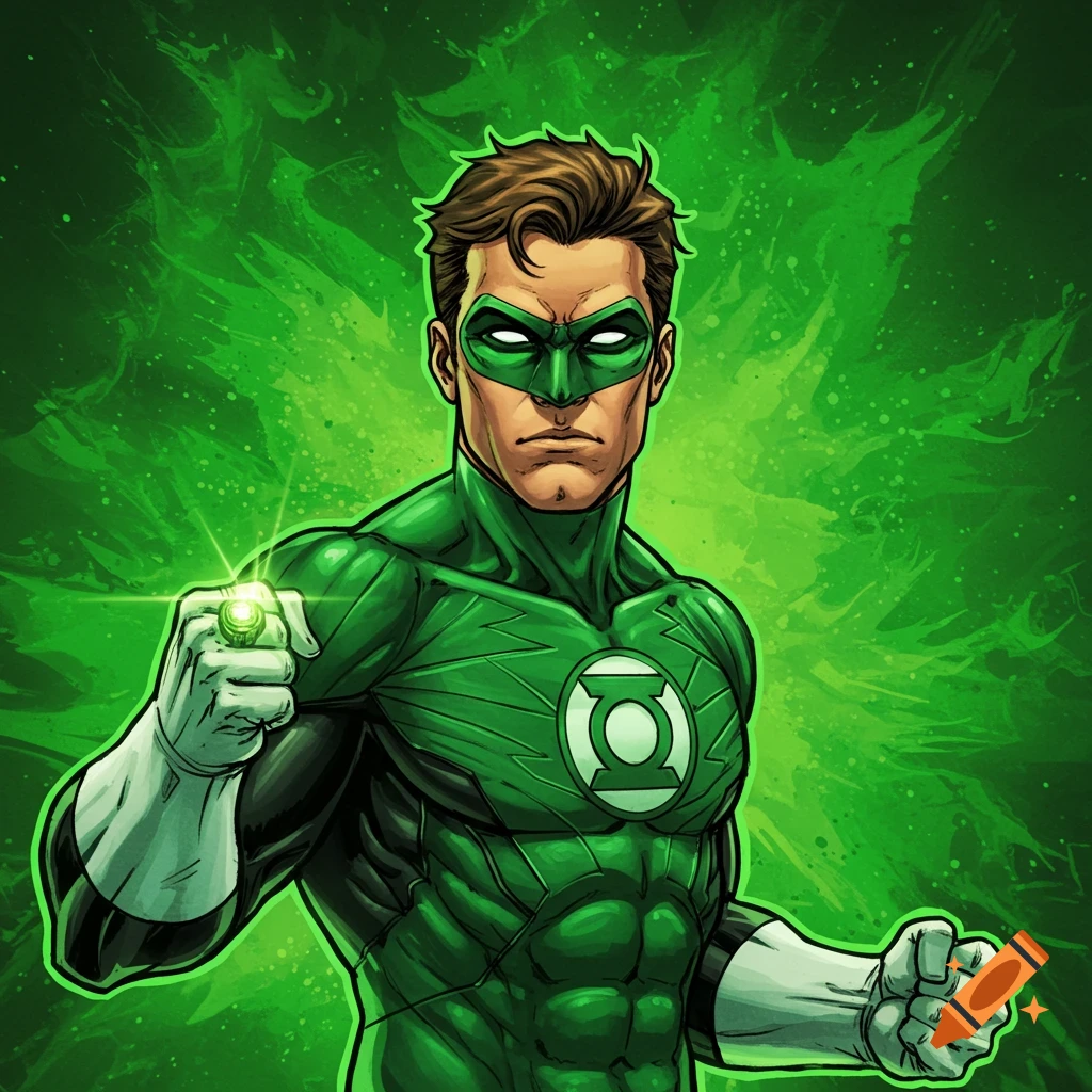 Green Lantern with his glowing power ring, wearing a green suit and mask against a vibrant green background, in comic art style.