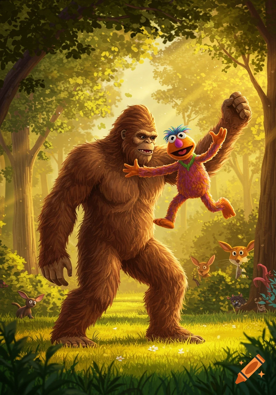 Bigfoot holds a happy Muppet in a sunlit forest with small creatures peeking from bushes, cartoon style.
