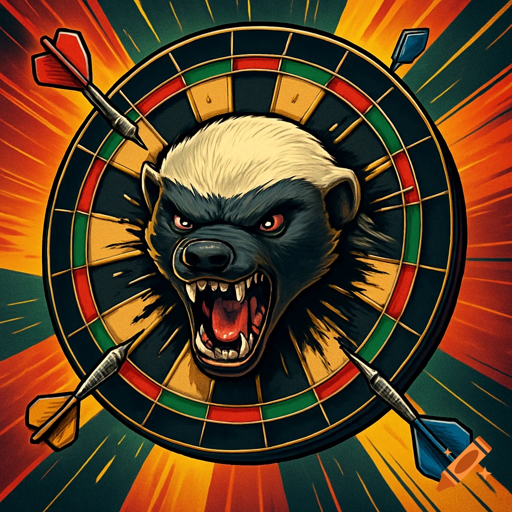 A stylized, aggressive honey badger with bared teeth bursts from the center of a dartboard with darts stuck in it, against a vibrant, radial background.