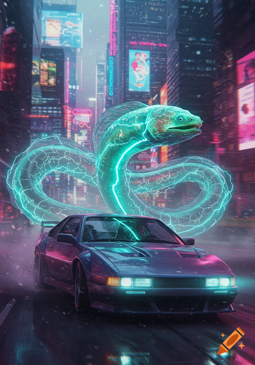 A glowing electric eel hovers over a blue sports car on a wet, neon-lit cyberpunk city street.