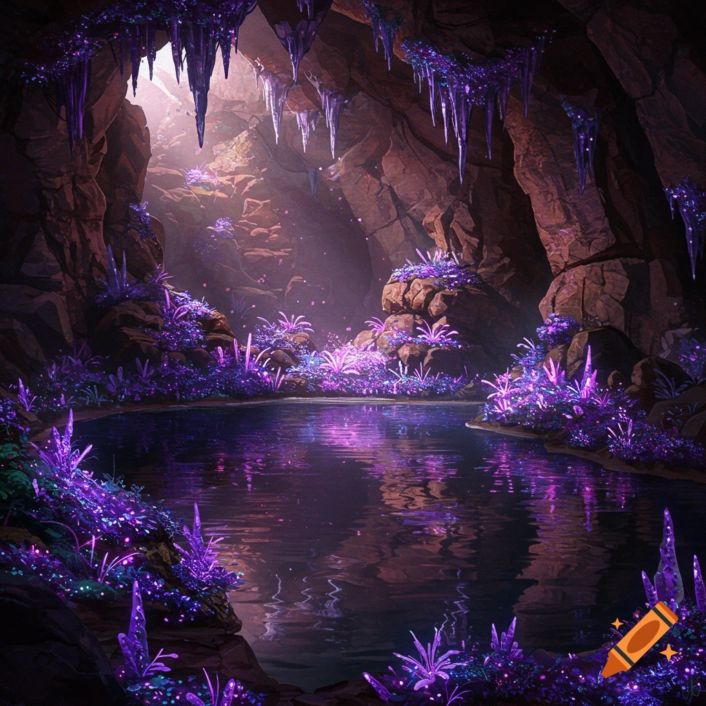 A fantastical cave with a serene pool reflecting glowing purple plants, crystals, and stalactites, illuminated by light from above.