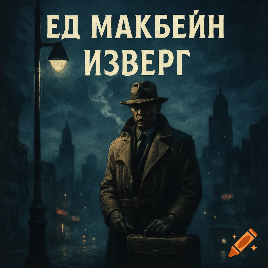 Gritty illustration of a man in a trench coat and fedora on a dark, rainy city street at night, with Russian book title text.