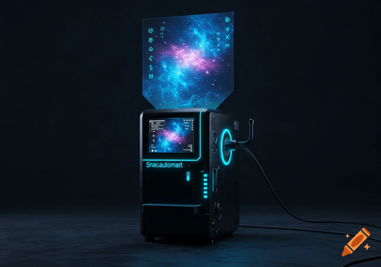 A futuristic black vending machine with neon blue lights and a holographic display showing a swirling nebula and abstract glowing symbols.
