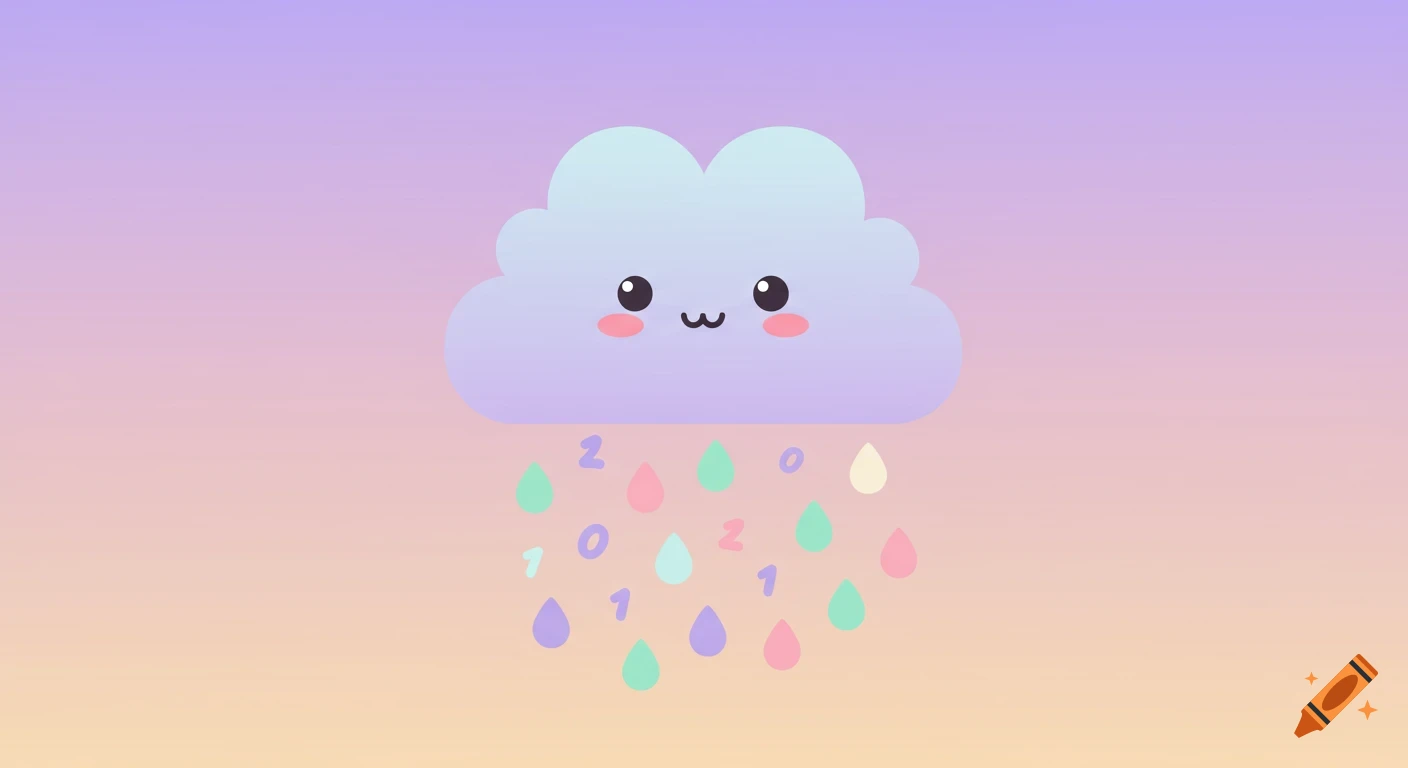 A cute pastel cartoon cloud with rosy cheeks raining colorful raindrops containing numbers on a soft lavender-to-peach gradient background.