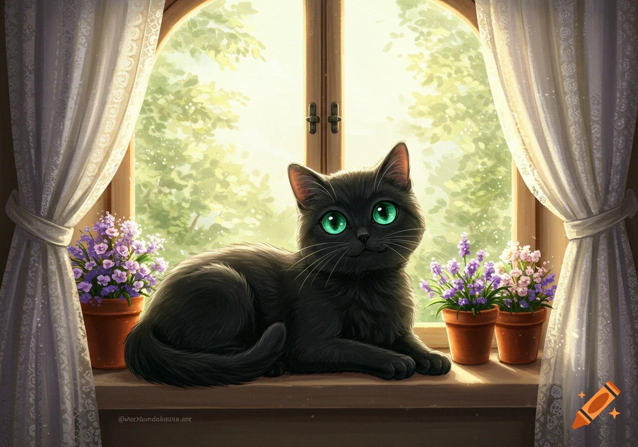 A fluffy black cat with bright green eyes sits on a sunlit windowsill next to potted lavender flowers, looking out a window.