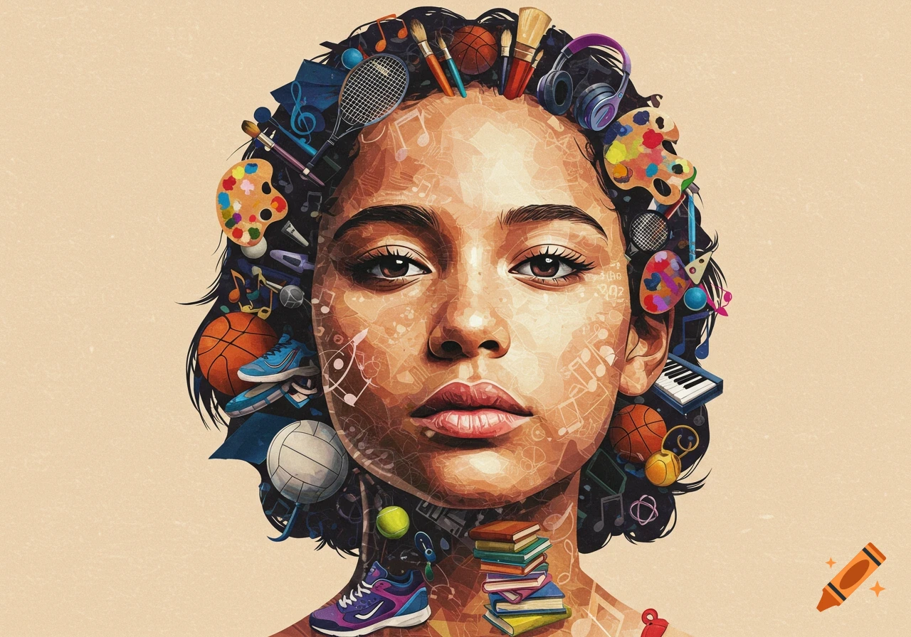 A stylized portrait of a woman's face made from a collage of sports equipment, art supplies, musical instruments, and books, all against a textured background.
