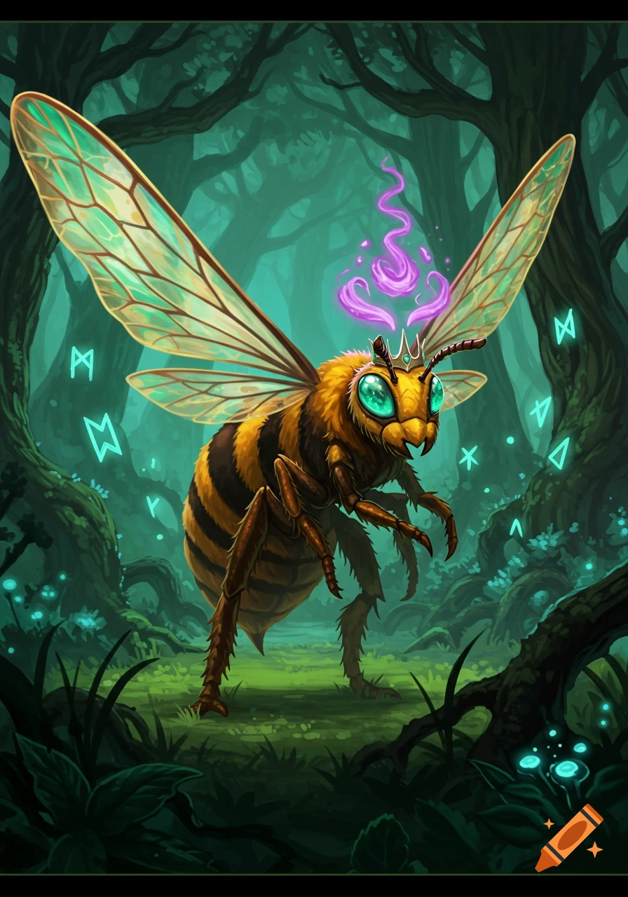Digital art of a majestic, glowing-eyed bee monster wearing a crown and emanating purple magic in a mystical forest with glowing runes.