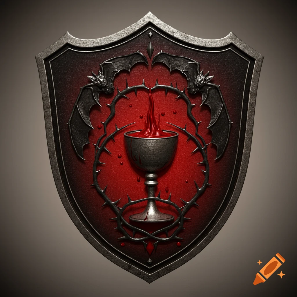 A gothic shield crest featuring an antique silver border, a central chalice overflowing with red liquid into a thorned circle, and twin bats.