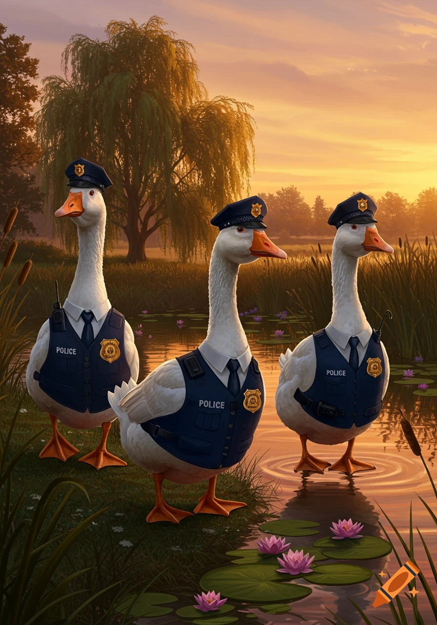 Three geese in police uniforms stand by a pond with lily pads at sunset, a willow tree in the background.