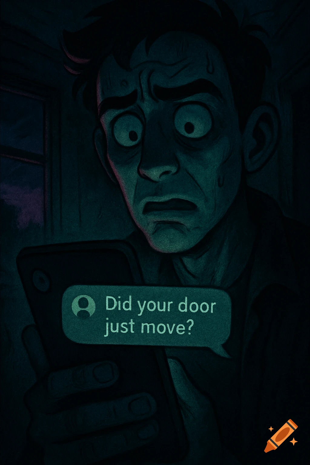 Terrified man in a dark cartoon style reading a phone message, 'Did your door just move?'