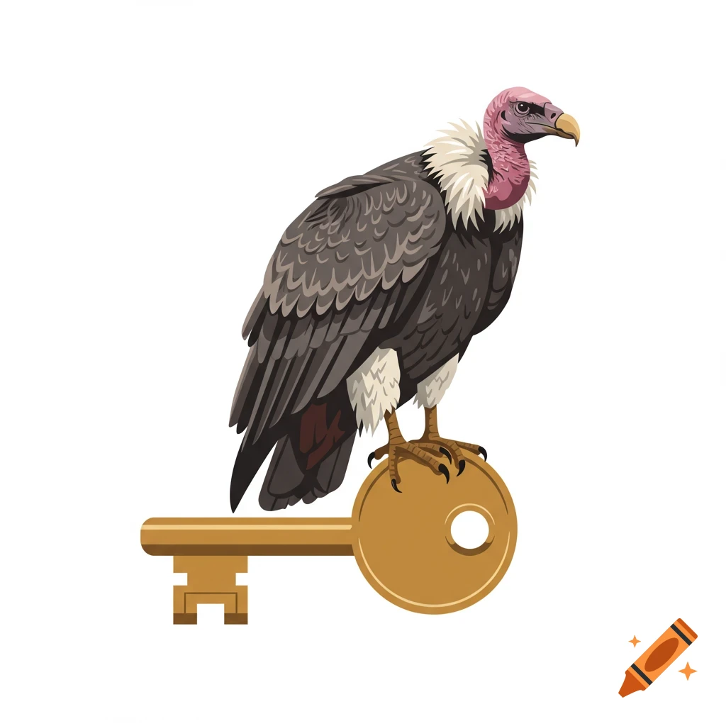An illustration of a vulture with a pink head and dark feathers perched on a large golden key.