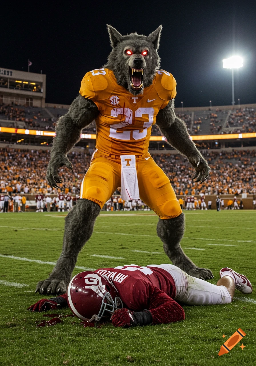 A menacing werewolf in a Tennessee Volunteers football uniform stands over a prone, bloody Alabama football player on a football field at night.