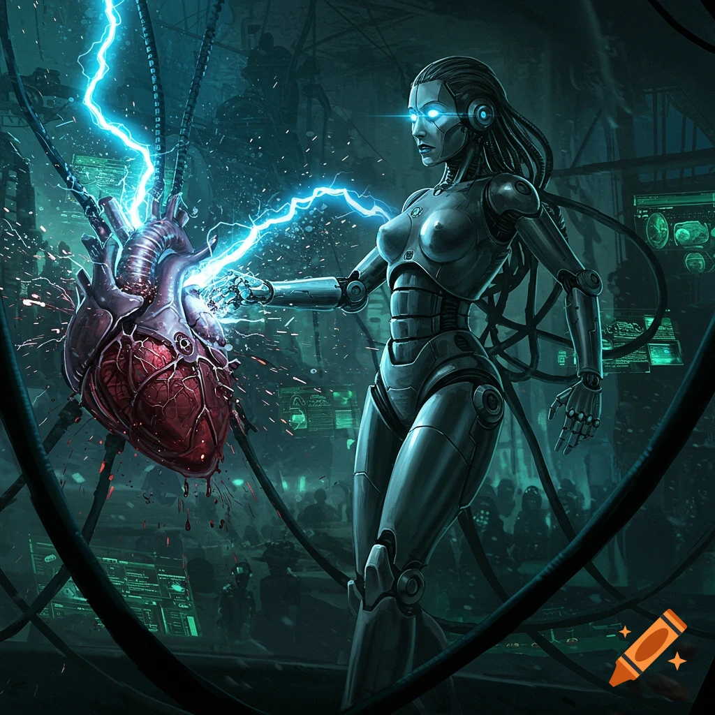 A cybernetic female robot with glowing blue eyes holds a human heart sparking with electricity in a dark, futuristic laboratory.
