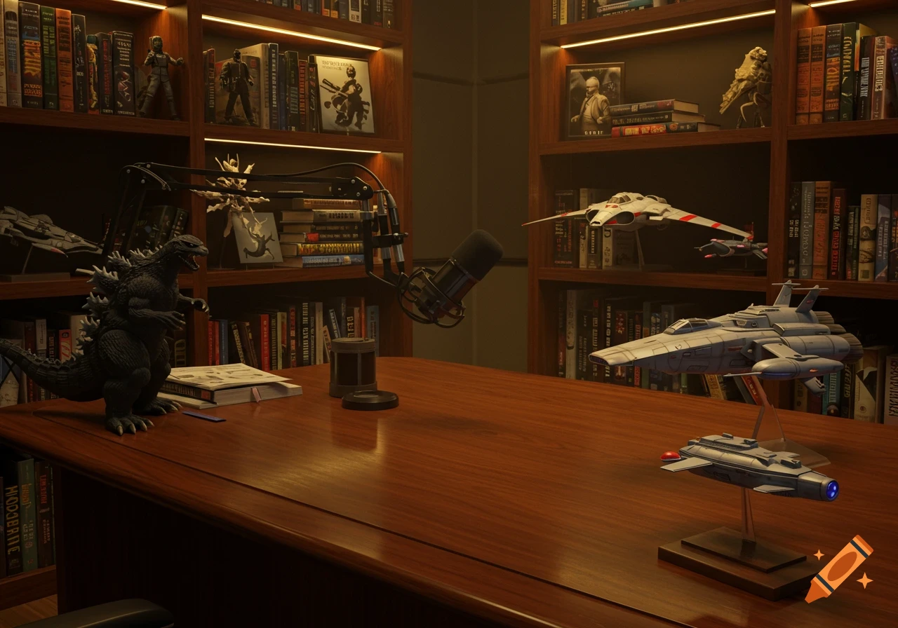 A podcast studio with a Godzilla figurine, microphone, and sci-fi spaceship models on a wooden desk, backed by bookshelves filled with books.