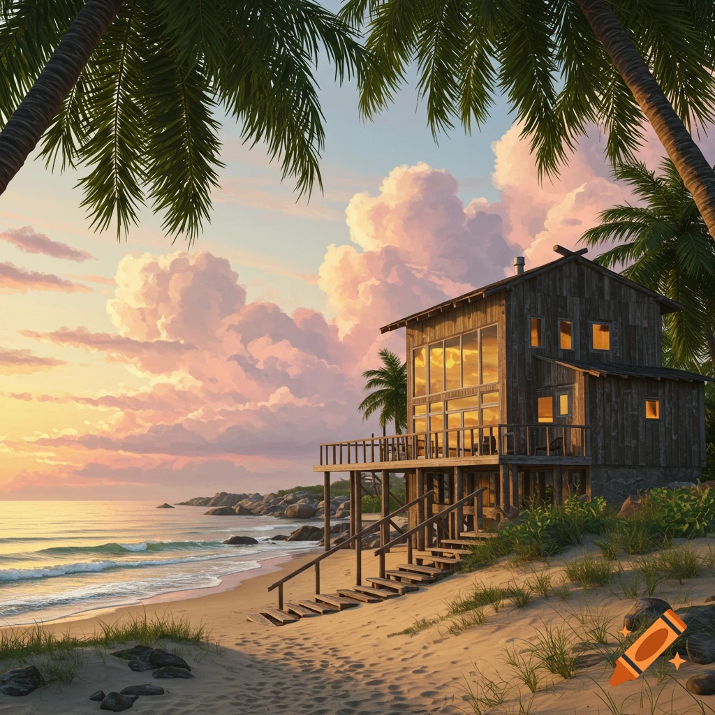 A photorealistic wooden beach house with a deck and stairs leading to a sandy beach. Palm trees frame the view of the ocean under a pastel sunset sky.