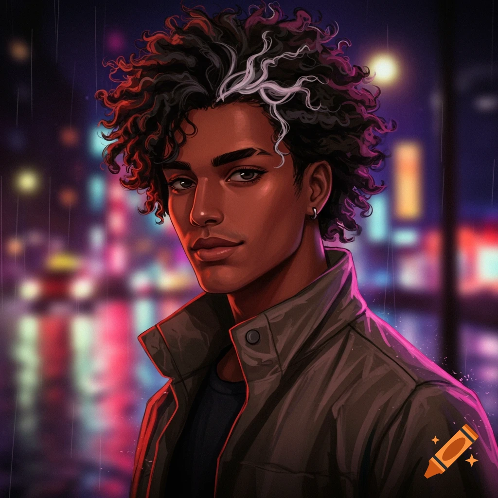 A stylized anime portrait of a young man with dark skin, curly black hair with a white streak, wearing a jacket, against a blurred neon city background.