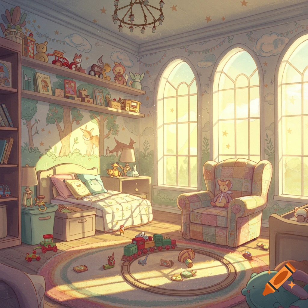 A warm, sunlit children's room illustration with a bed, plush armchair, shelves of toys, and a toy train on a rainbow rug.