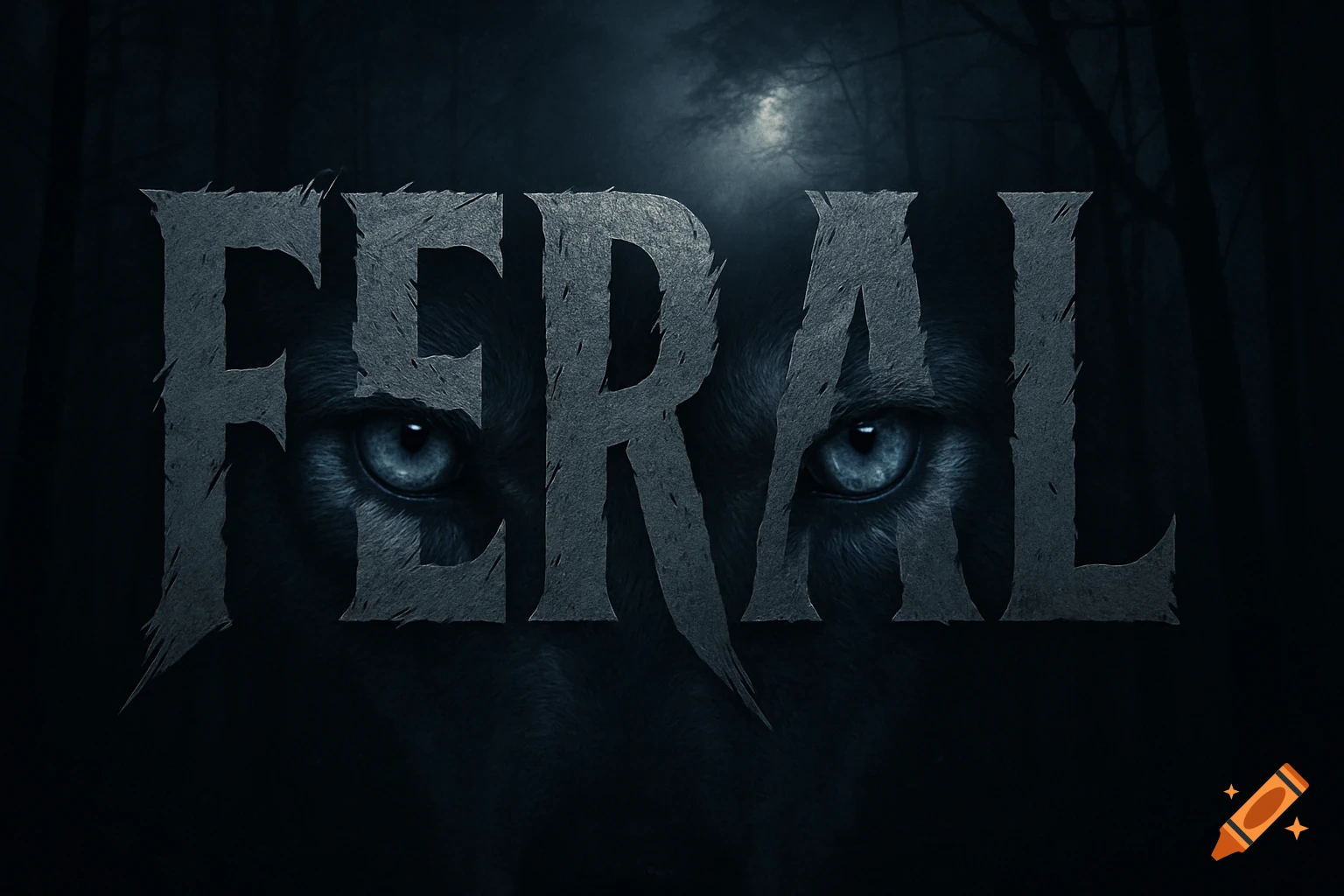 The word 'FERAL' in a distressed font, with piercing blue wolf eyes showing through the letters, against a dark, misty forest.