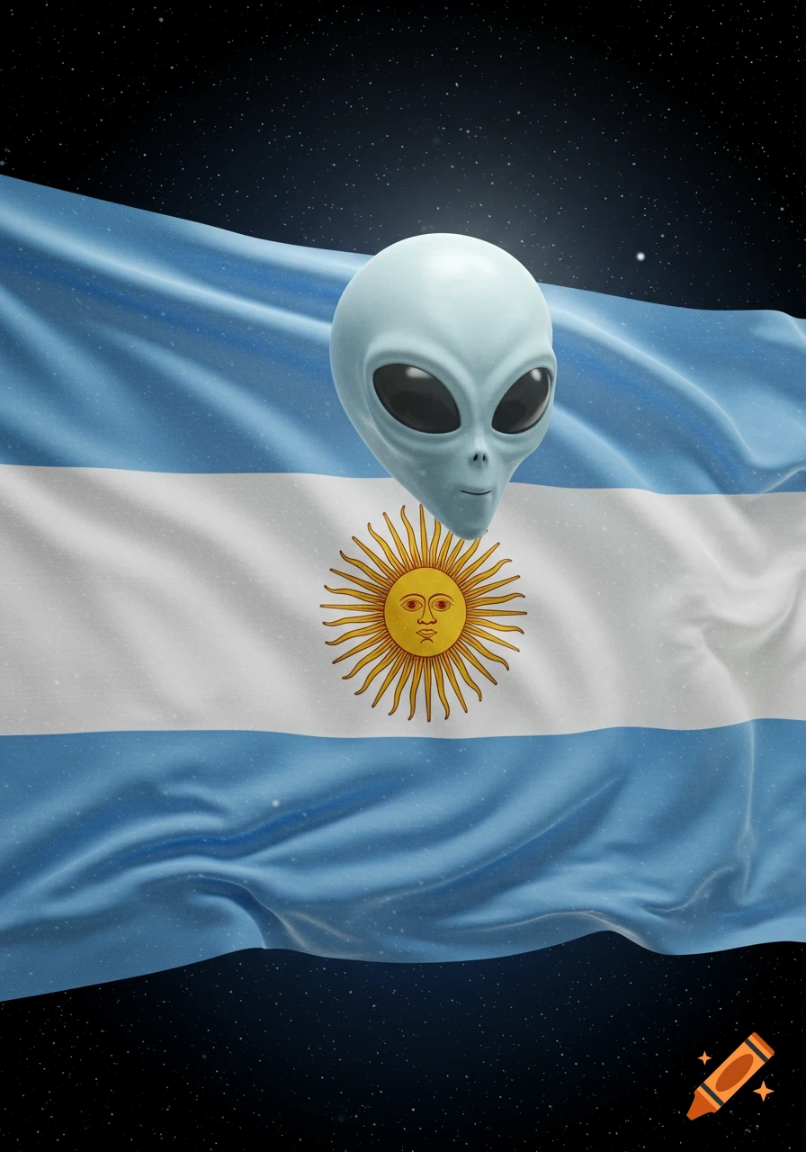 A light blue alien head with large black eyes floats over a waving Argentinian flag set against a starry night sky.