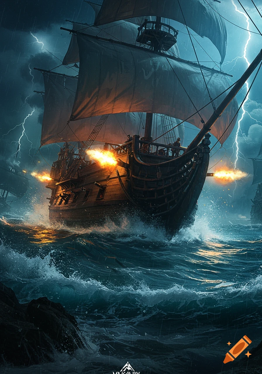 A dramatic pirate ship fires cannons in a stormy, lightning-filled rough sea at night.