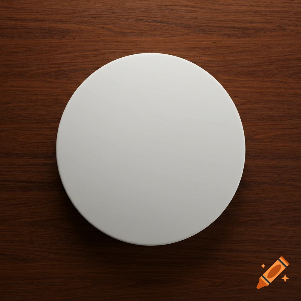 A simple white circle centered on a dark brown wooden textured background.