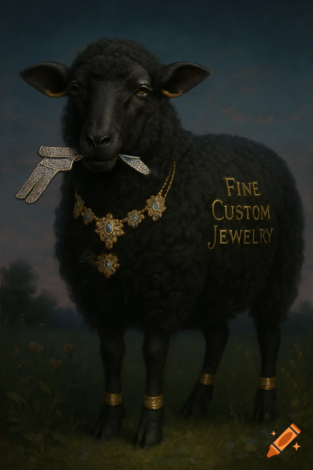 A black sheep wearing elaborate gold and blue jewelry, holding diamond-encrusted hair clippers in its mouth, with 'FINE CUSTOM JEWELRY' written on its wool.