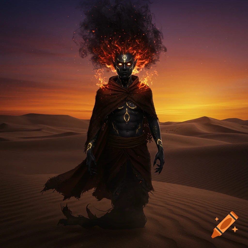 Realistic jinn with black skin, golden markings, and fiery smoke hair, wearing a torn cloak, stands in a desert at sunset.