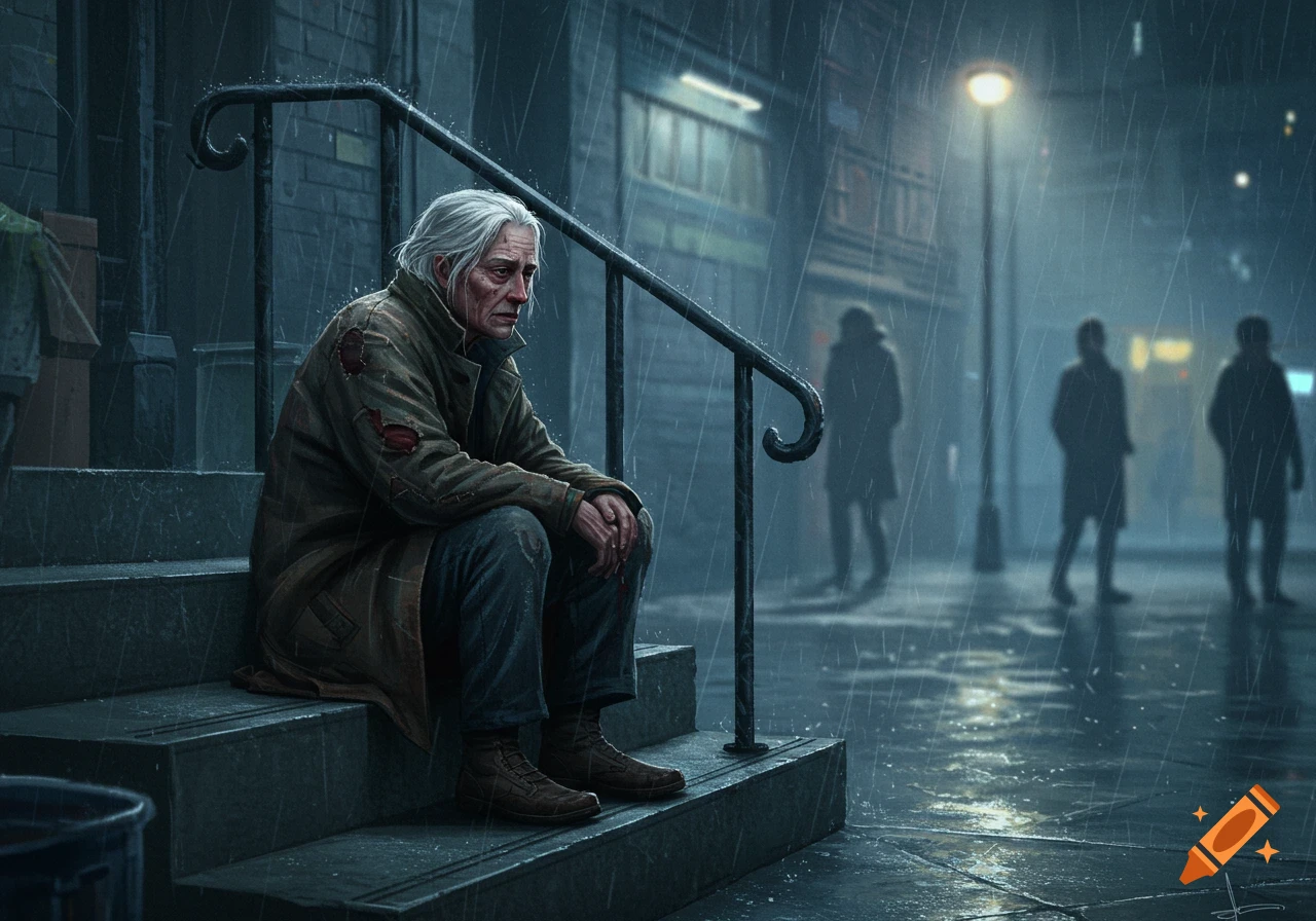 A melancholy elderly person sits on stone steps in the pouring rain on a dark city street, lit by a distant streetlamp.
