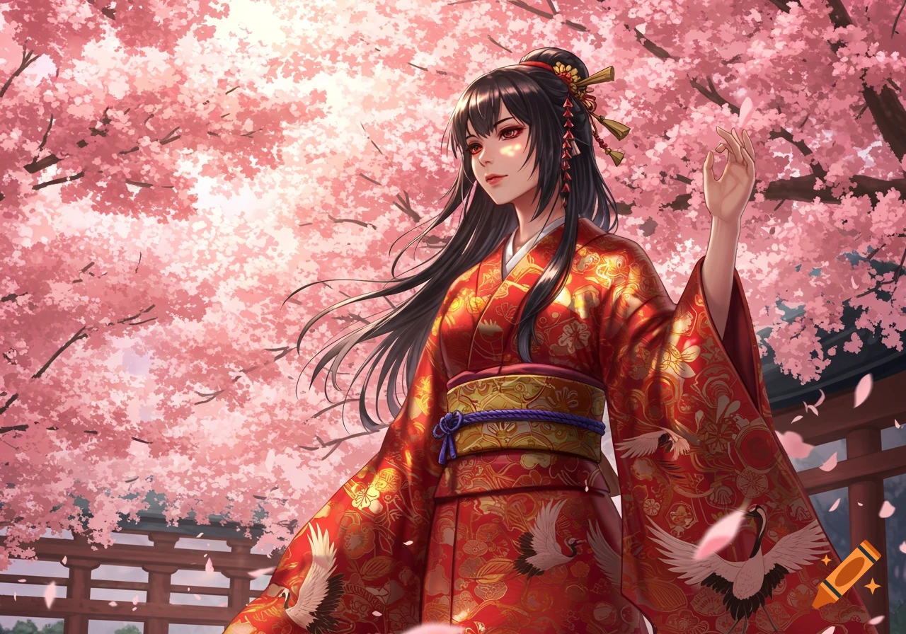 An anime woman in a red kimono with crane patterns stands under pink cherry blossoms.
