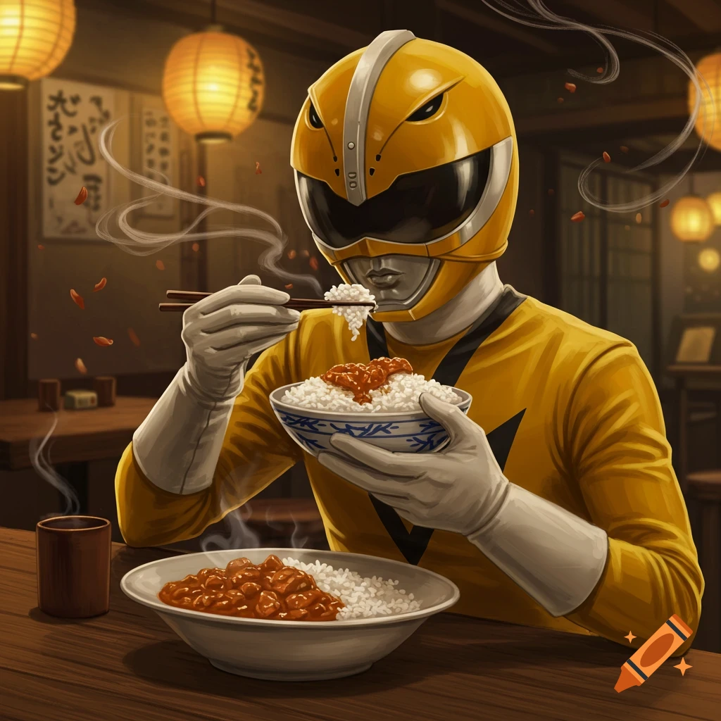 Yellow Power Ranger eating curry rice with chopsticks in a Japanese restaurant, depicted in an illustration.