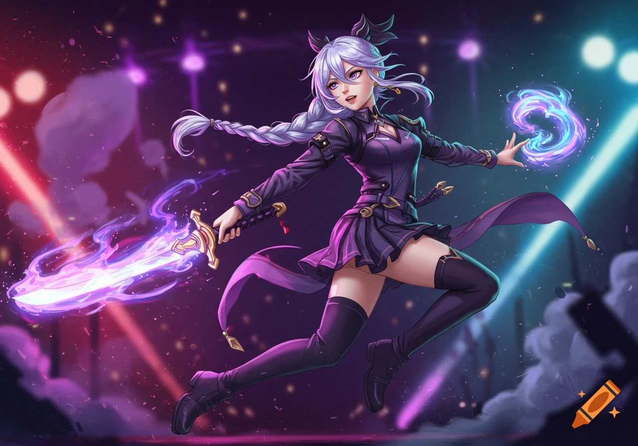 Anime warrior with light purple braided hair in dark outfit, jumping, holding glowing purple sword and casting magic, neon lit background.