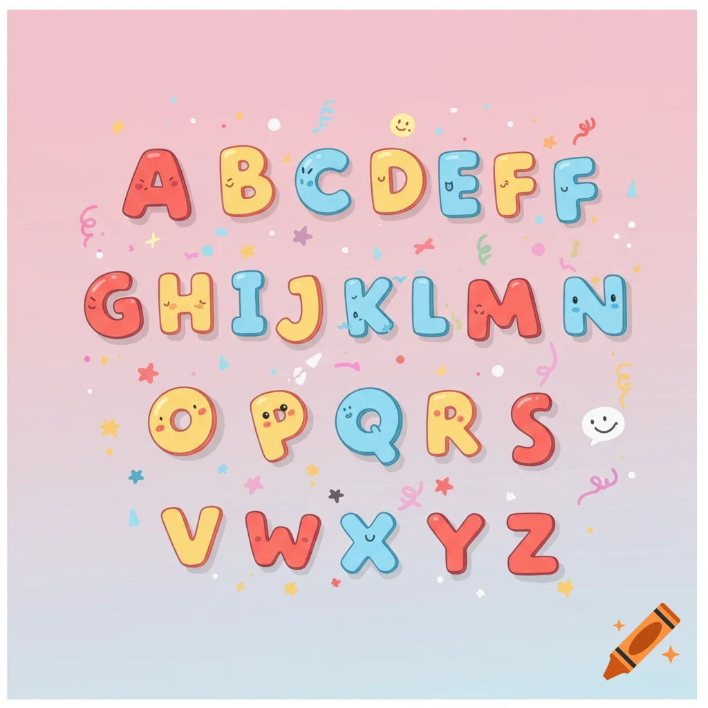 Colorful, bubbly, cartoon alphabet letters A-Z with tiny faces and confetti on a pink and blue gradient background.