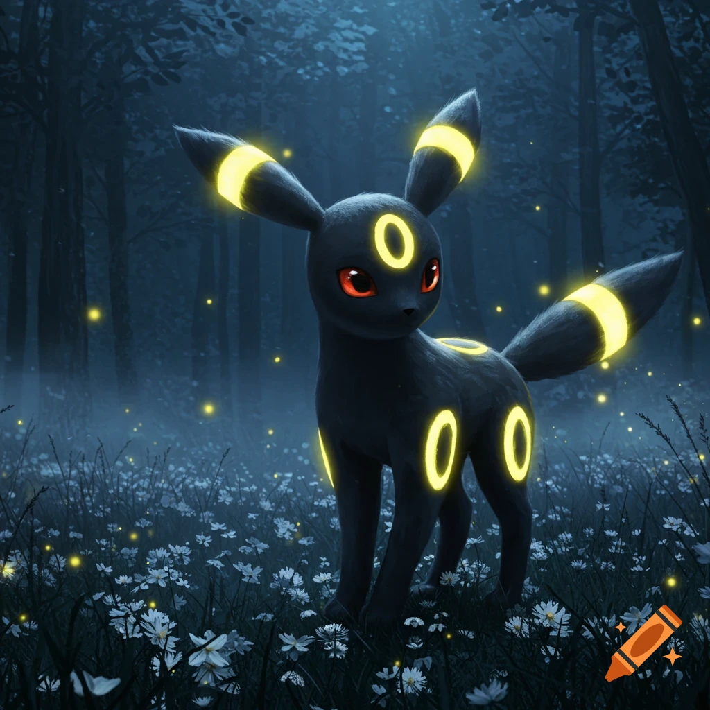 A dark Umbreon with glowing yellow rings stands in a magical moonlit forest filled with white flowers and fireflies.