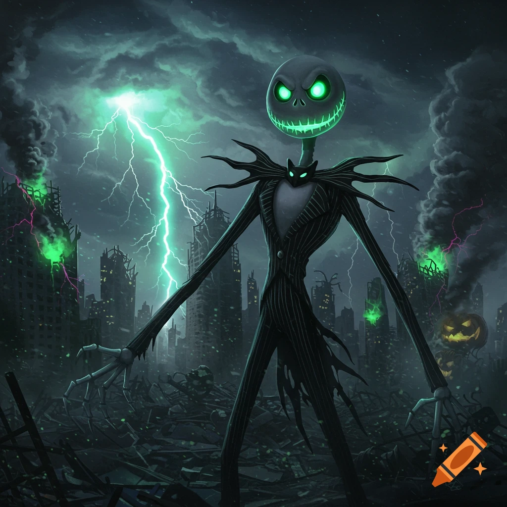 Jack Skellington with glowing green eyes stands amidst an apocalyptic city with green lightning and smoke in a dark fantasy illustration.