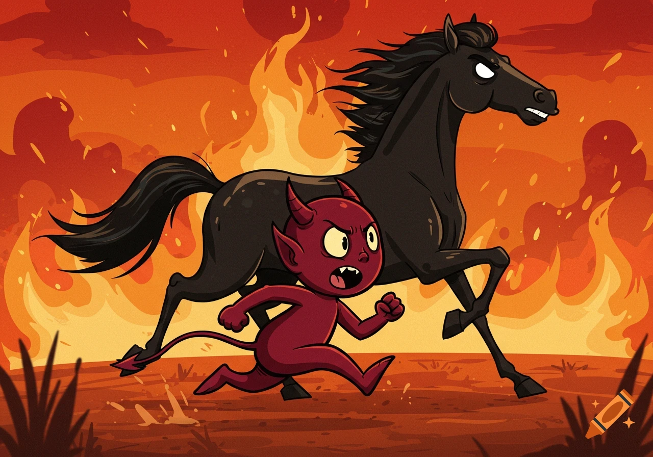 A maroon cartoon devil runs from a black horse in a fiery, hellish landscape.