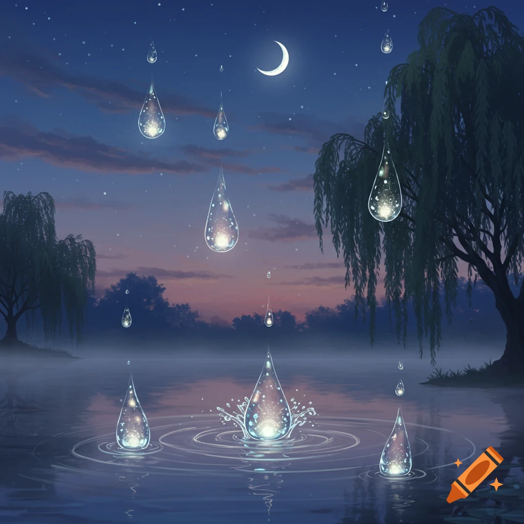 Magical glowing teardrop shapes fall into serene water, creating ripples under a crescent moon and starry night sky with willow trees.