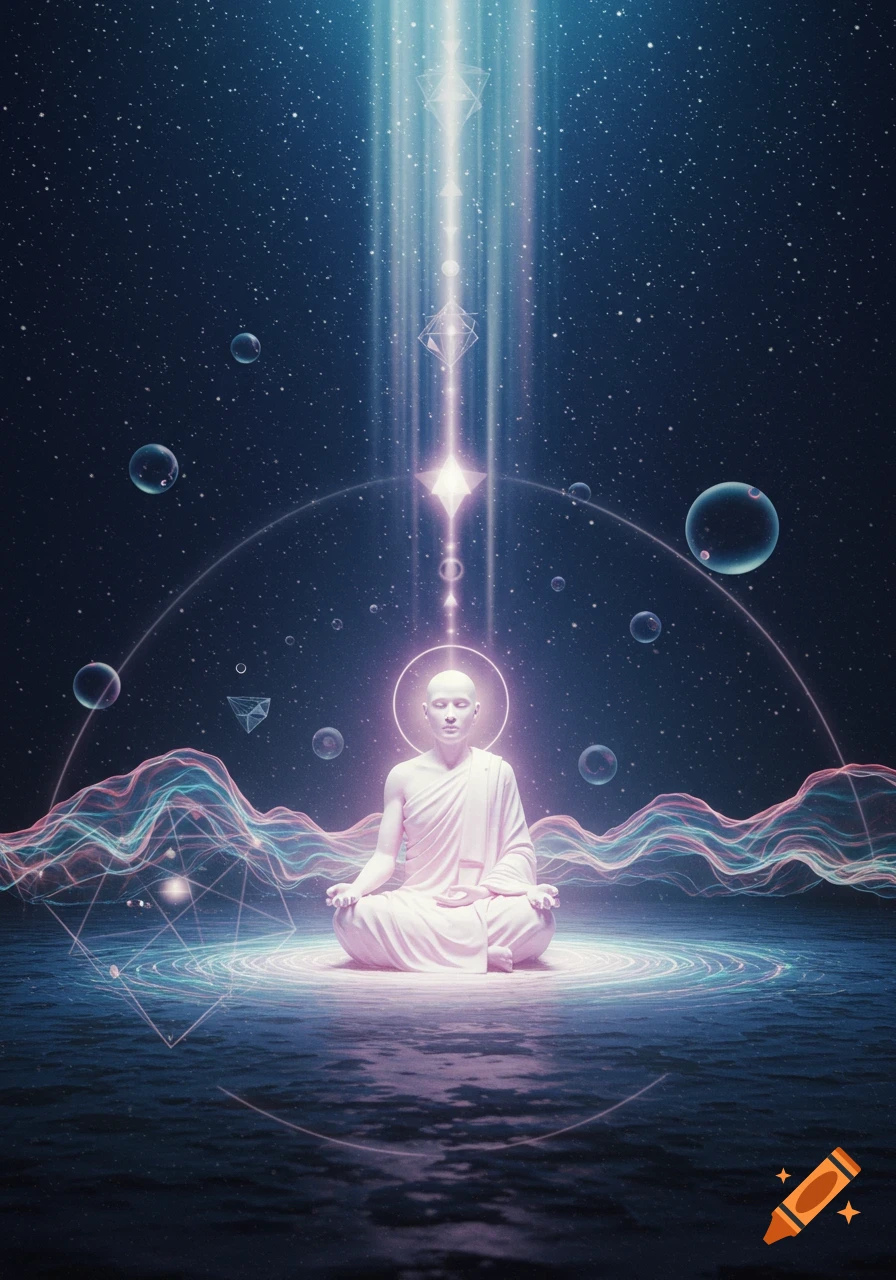 A white robed figure meditates under a beam of light in a cosmic abstract setting with stars and glowing patterns.