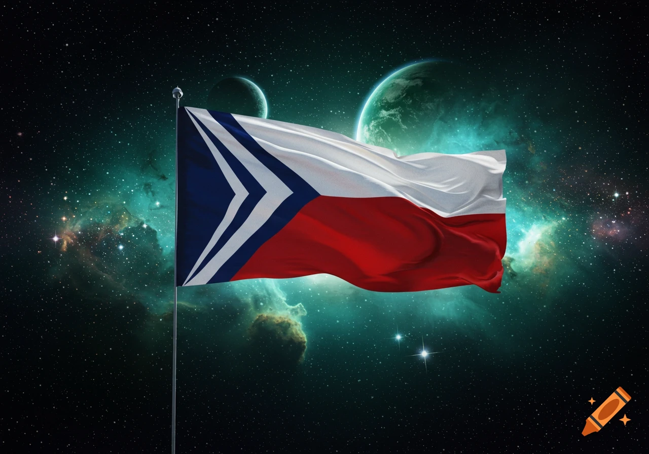 A stylized flag with a dark blue canton featuring white chevron stripes and a red and white field, waving against a starry teal nebula and two planets.