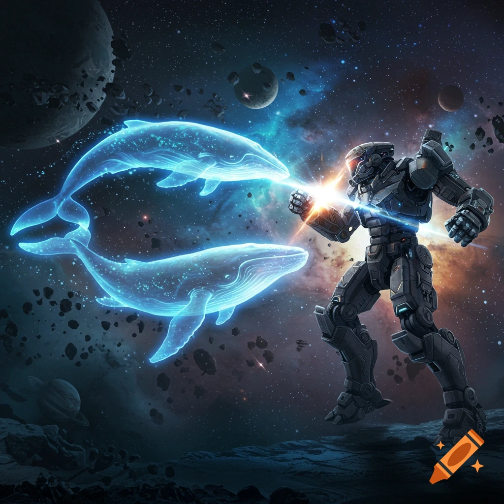 A detailed sci-fi illustration shows a large armored mech fighting two glowing blue whales in deep space with planets and nebulae.