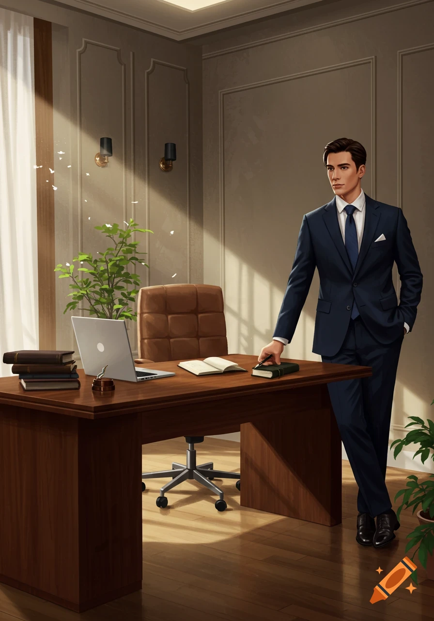 An illustration of a sharp-dressed young man in a dark suit leaning on a wooden desk with a laptop and books in a sunlit modern office.