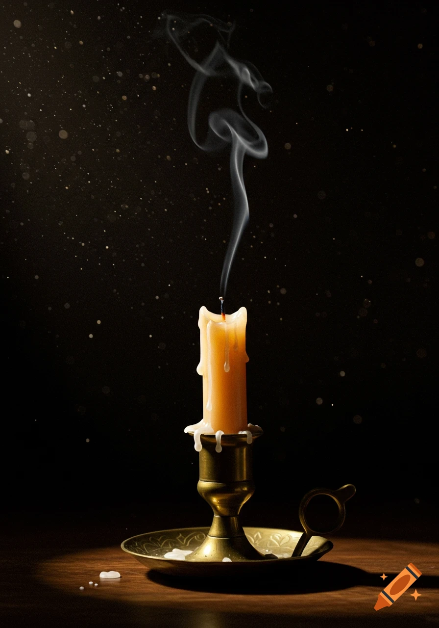A close-up, dramatic shot of an extinguished candle in a brass holder, with smoke rising elegantly from its wick against a dark background, highlighted by specks of light. Photorealistic.