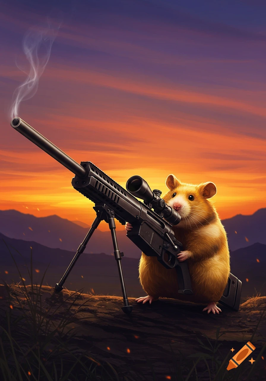 A fluffy hamster holds a large sniper rifle with smoke rising from the barrel, silhouetted against a vibrant sunset sky and mountains.