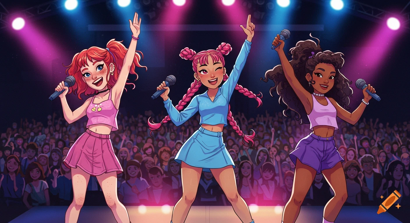 Three diverse anime girls with microphones sing on a stage under bright lights, facing a large, enthusiastic crowd.