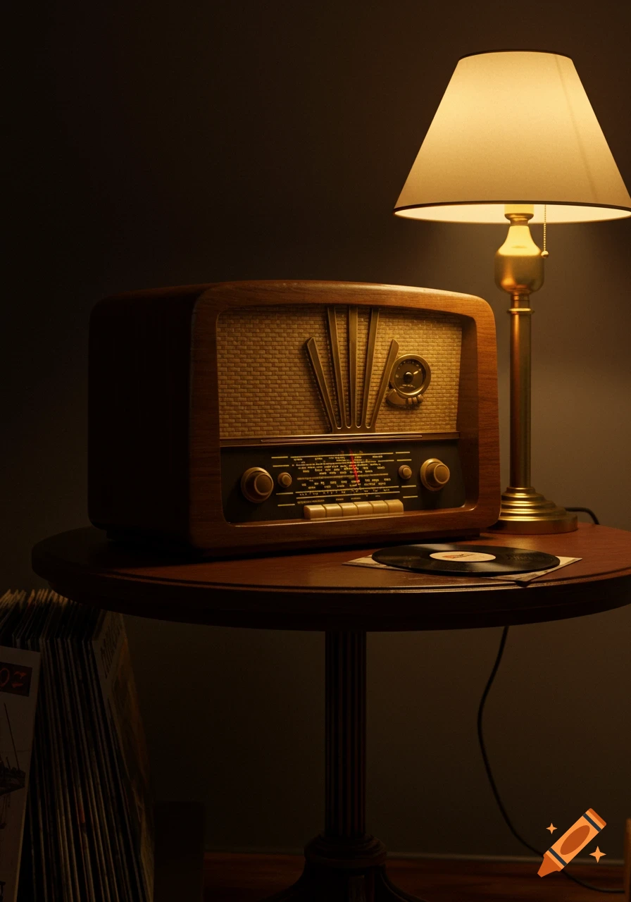 A vintage wooden radio with a dial and control knobs sits on a dark wooden table next to a glowing table lamp and vinyl records.