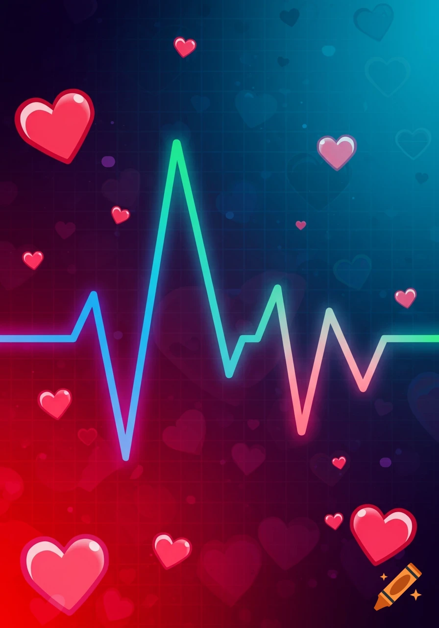 A vibrant, neon-colored electrocardiogram line pulses across a dark, gradient background with scattered cartoon hearts.