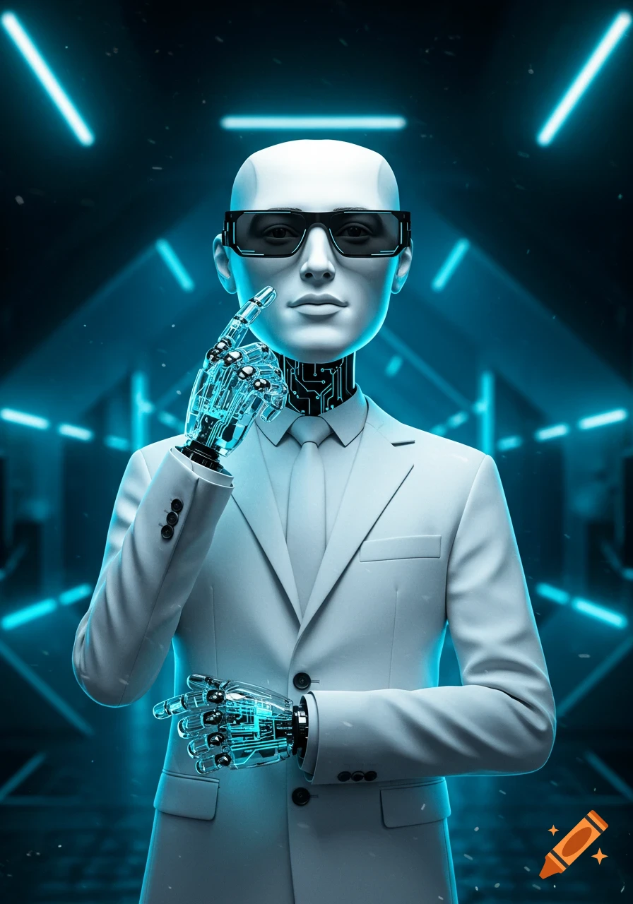 A bald humanoid robot in sunglasses, white suit, and transparent circuit hands, stands against a dark background with blue neon lights.