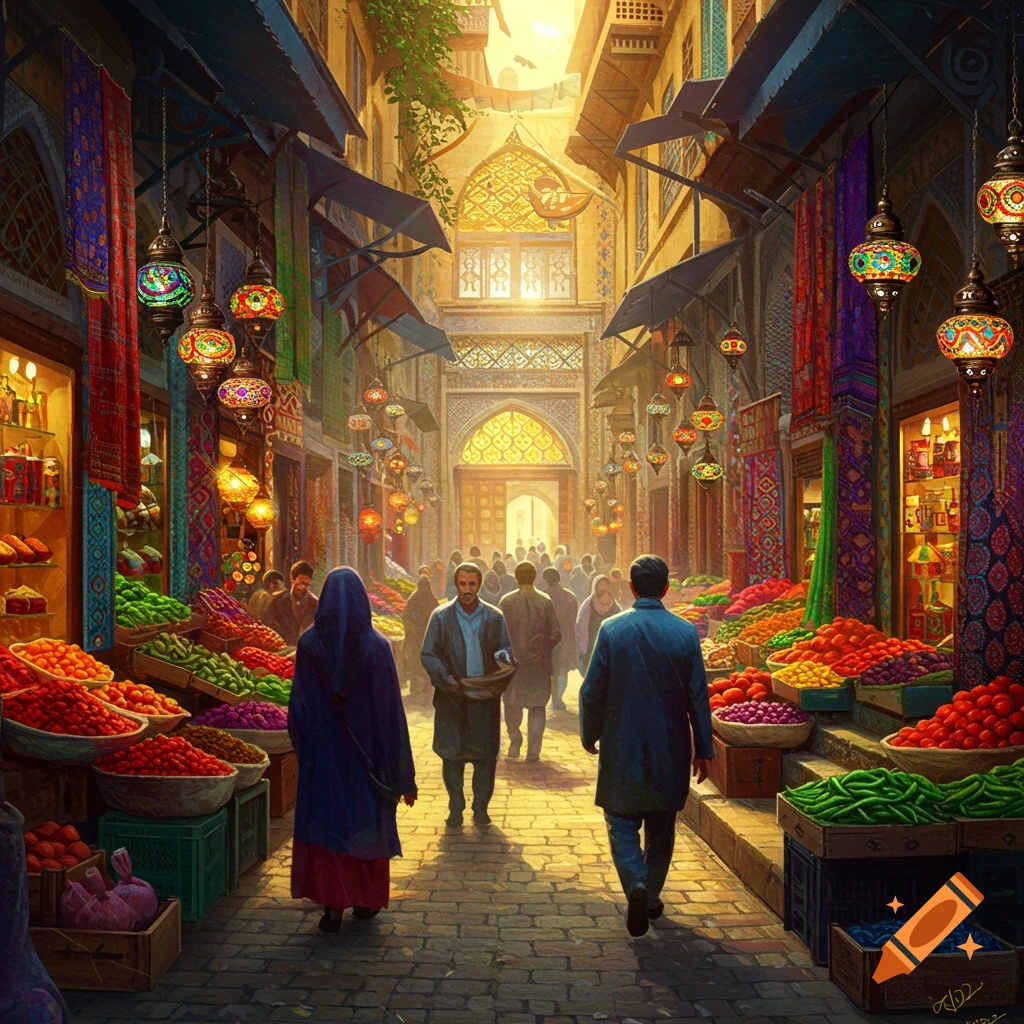 A vibrant Iranian market street bustling with people, colorful stalls of fruits and vegetables, and ornate lanterns hanging overhead.