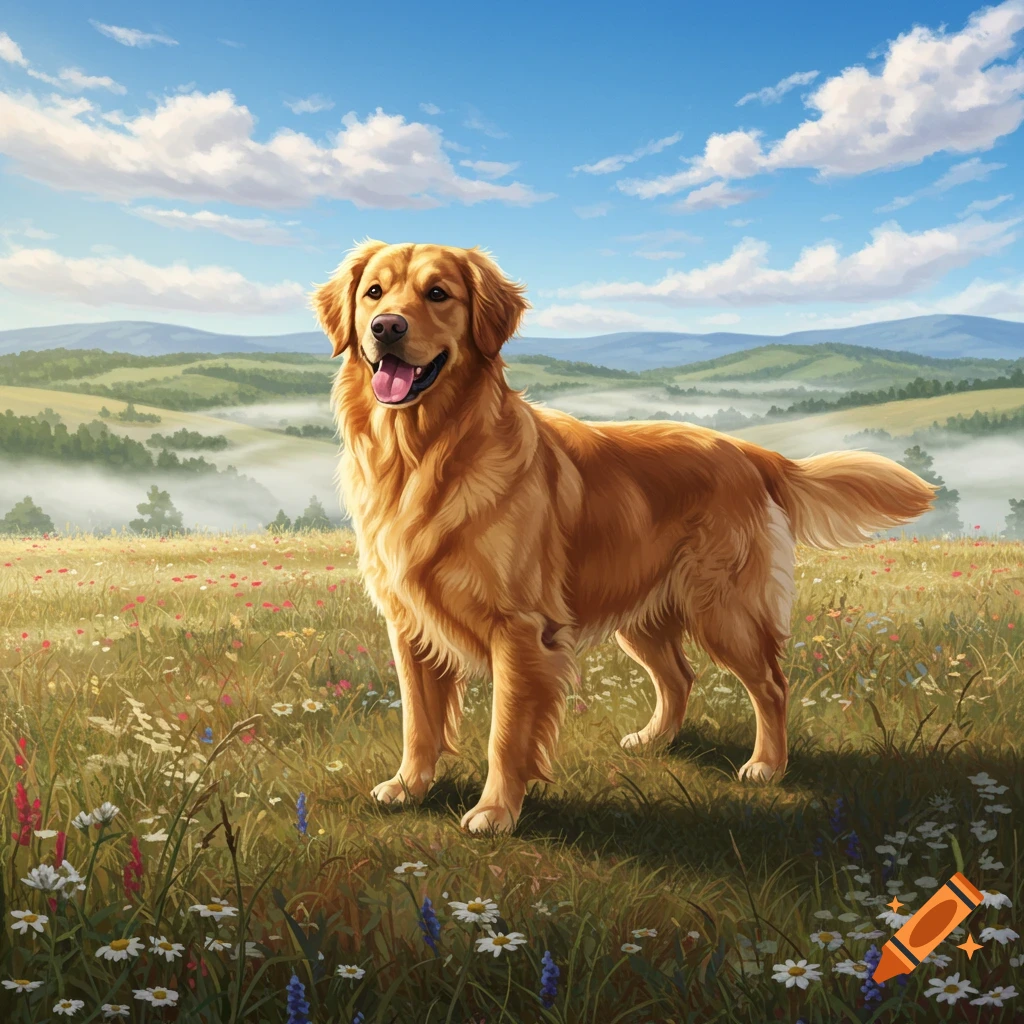 A happy Golden Retriever stands in a vibrant meadow filled with wildflowers under a clear blue sky with fluffy clouds.
